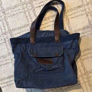 Abercrombie & Fitch Navy Blue Canvas Tote with Brown Leather Handles